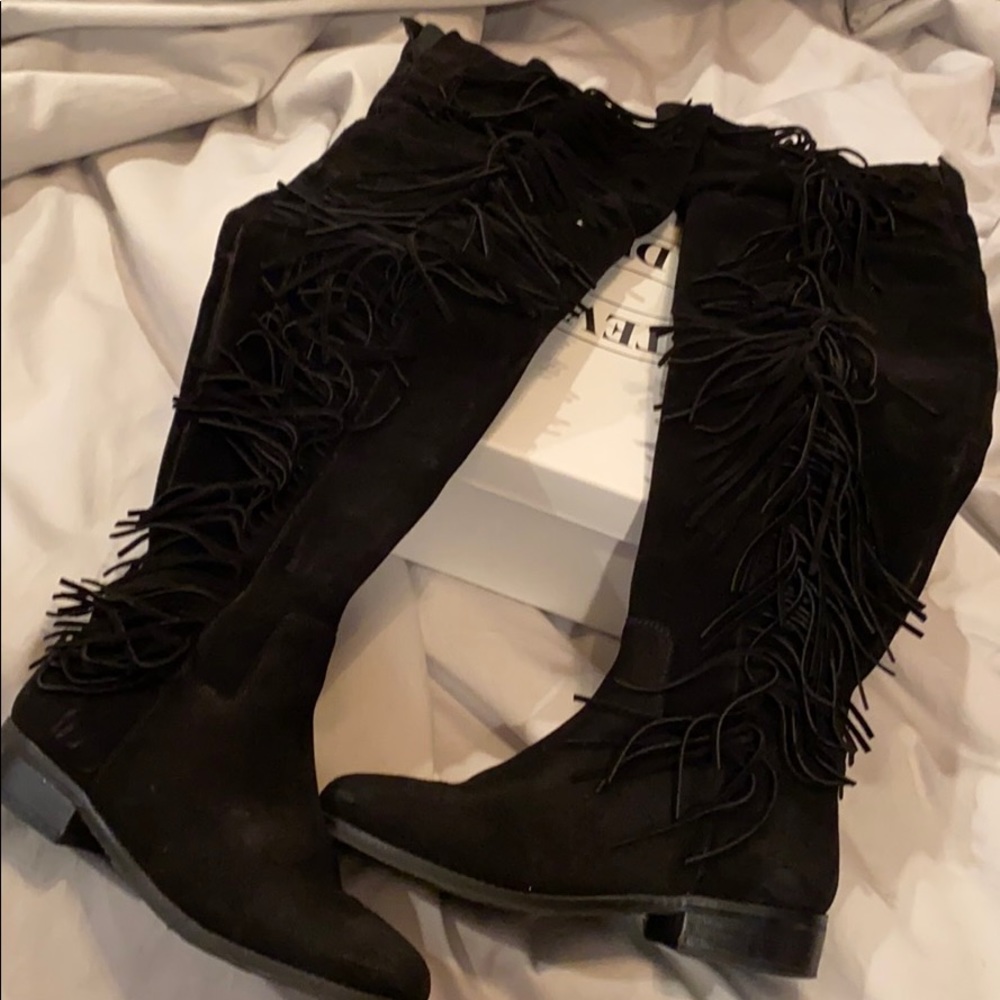 Black suede fringe knee boots